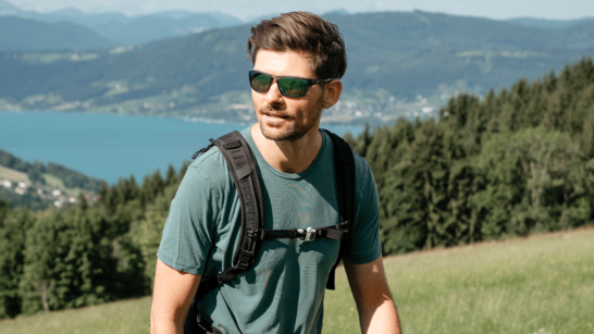 [Translate to Deutsch (Deutschland):] Junger Herr mit Sportbrille beim Wandern