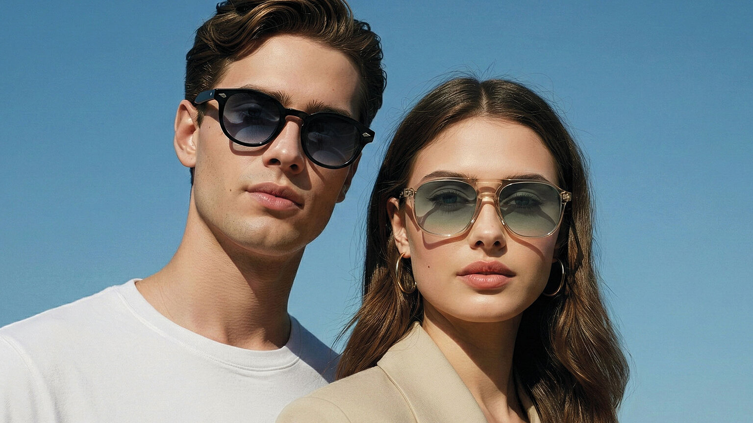 Damen Sonnenbrille und Herren Sonnenbrille mit UV Schutz präsentiert von einem jungen Paar