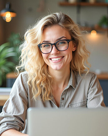 Junge Dame sitzt mit Brille vor Laptop