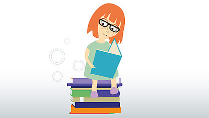 Zeichnung: Ein Mädchen mit Brille liest ein Buch