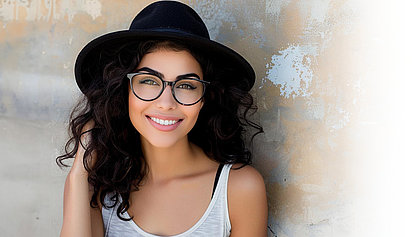 Junge Frau mit Brille und Hut lächelt in die Kamera