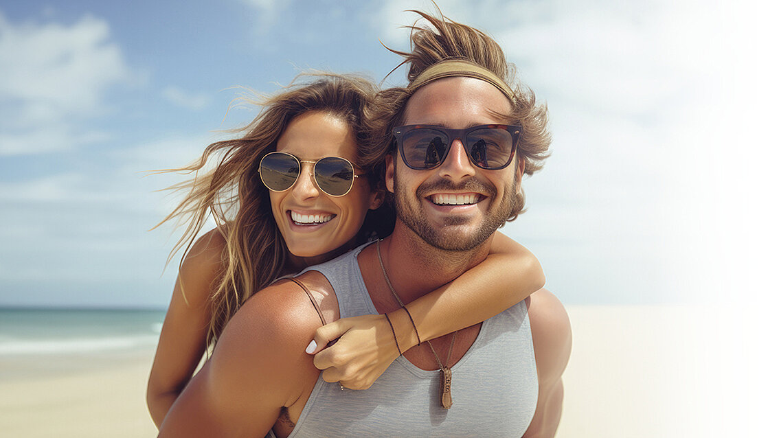 Junge Dame und Herr mit Sonnenbrillen am Strand